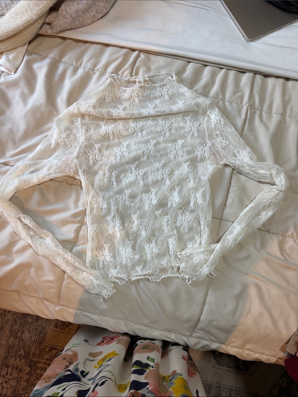 Tilly's Ivory Sheer Lace Long-Sleeve Top